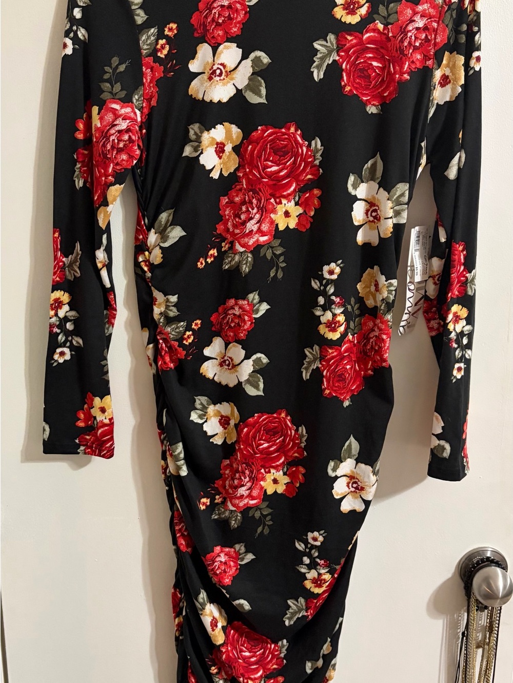 Almost Famous Black Long Sleeve Dress with Red & Cream Floral Print